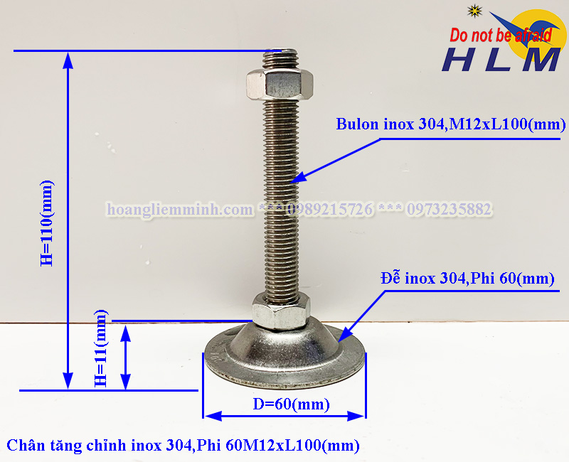 Chân Tăng Chỉnh inox 304 D60M12xL100(mm)