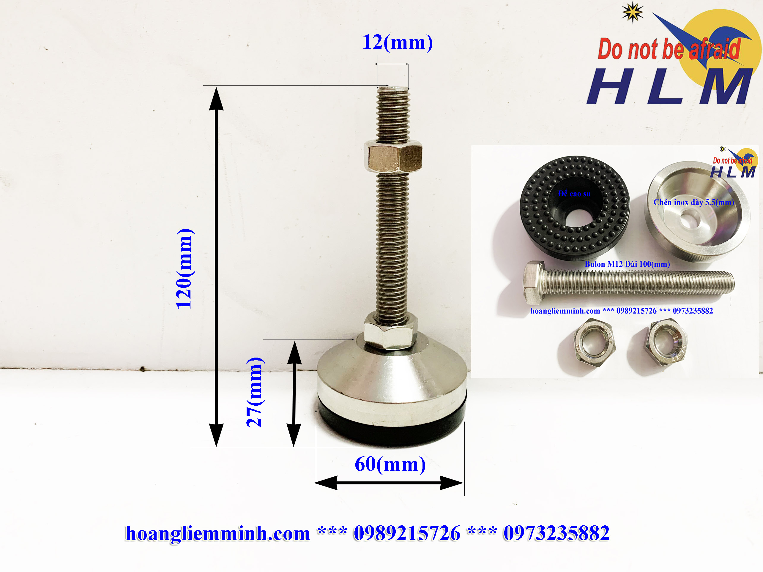 Chân Tăng Chỉnh Chịu Lực Inox 304 D60M12xL100(mm)