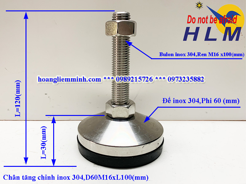 Chân tăng chỉnh chịu lực inox 304 D60M16xL100(mm)