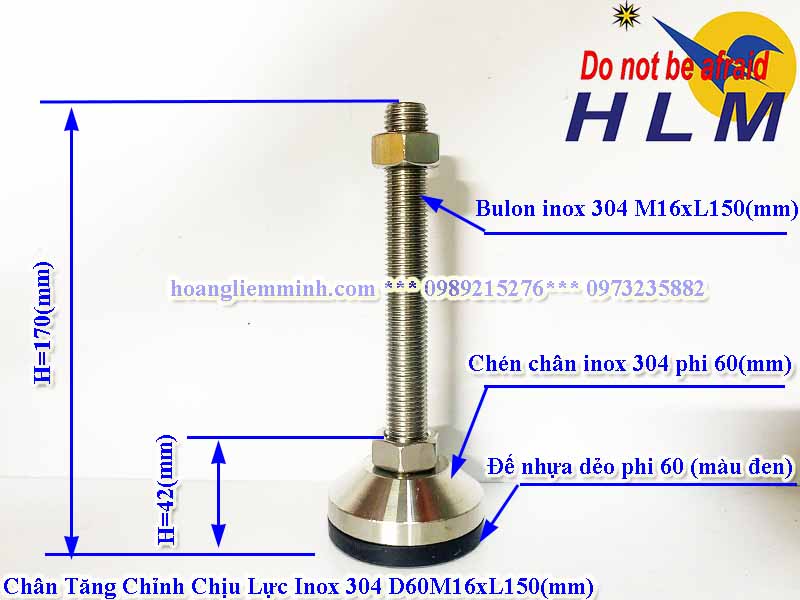 Chân tăng chỉnh chịu lực inox 304 D60M16xL150(mm)