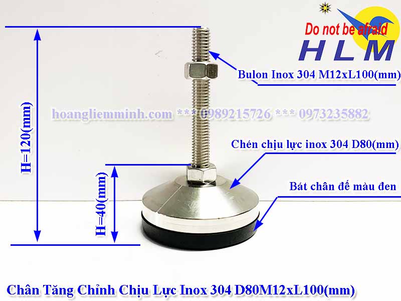 Chân Tăng Chỉnh Chịu Lực Inox 304 D80M12xL100(mm)