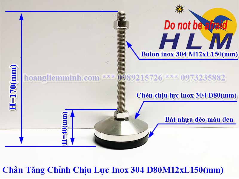Chân Tăng Chỉnh Chịu Lực Inox 304 D80M12xL150(mm)