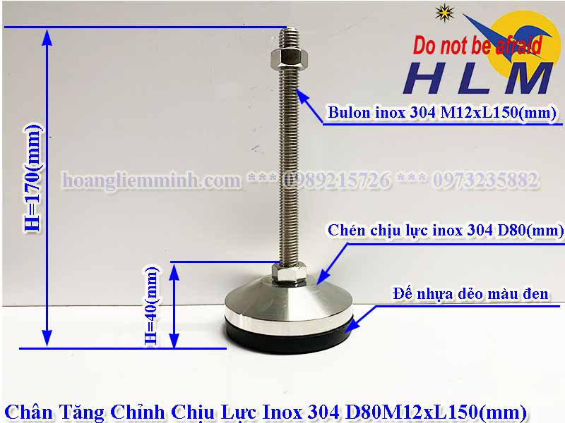 Chân Tăng Chỉnh Chịu Lực Inox 304 D80M12xL150(mm)
