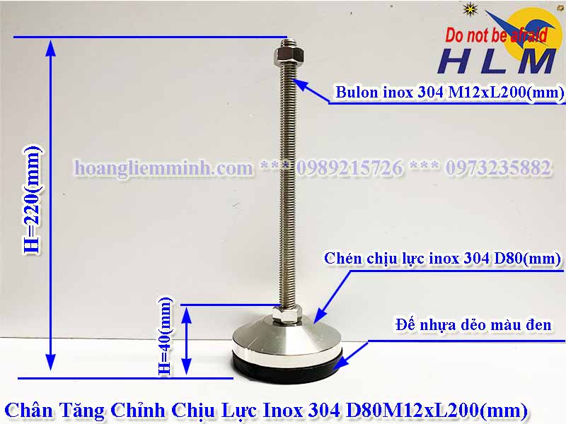 Chân tăng chỉnh chịu lực inox 304 D80M12xL200(mm)