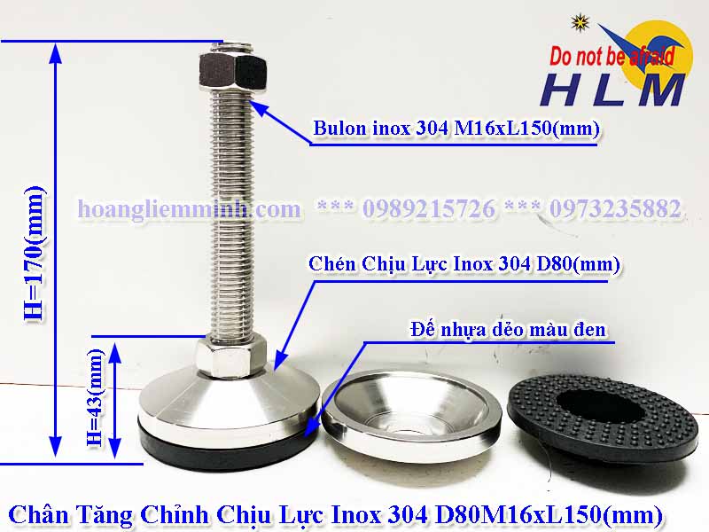 Chân tăng chỉnh chịu lực inox 304 D80M16xL150(mm)