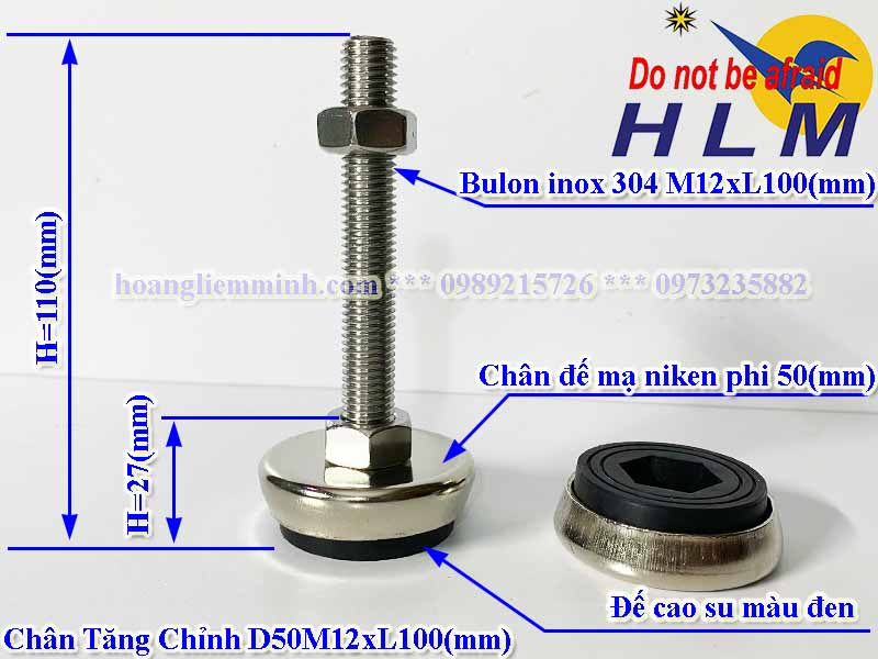 Chân Tăng Chỉnh Đế Cao Su D50M12xL100(mm)