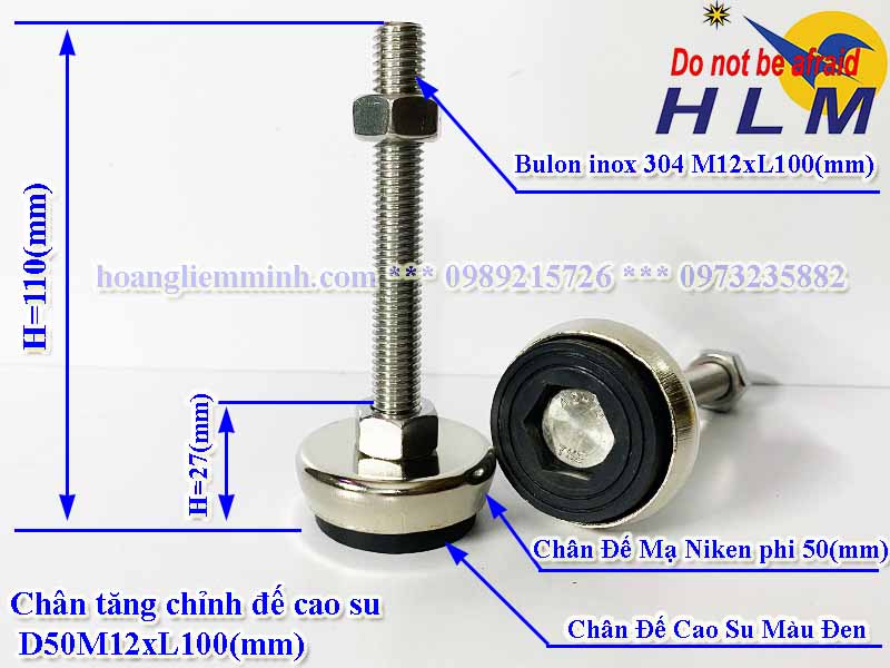 Chân Tăng Chỉnh Đế Cao Su D50M12xL100(mm)