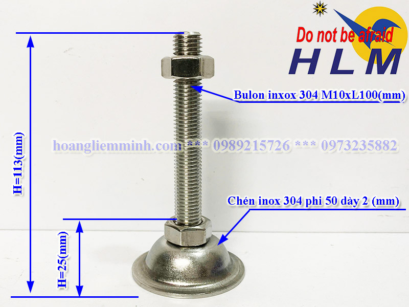 Chân tăng chỉnh inox 304 D50M10xL100(mm)