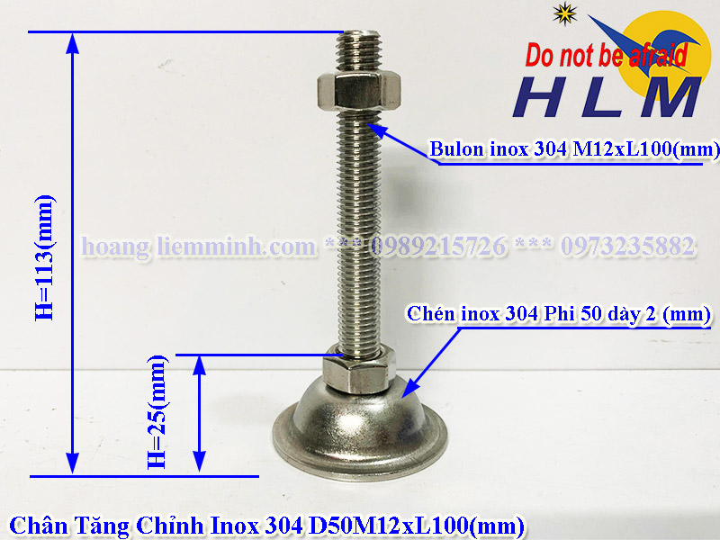 Chân tăng chỉnh inox 304 D50M12xL100(mm)