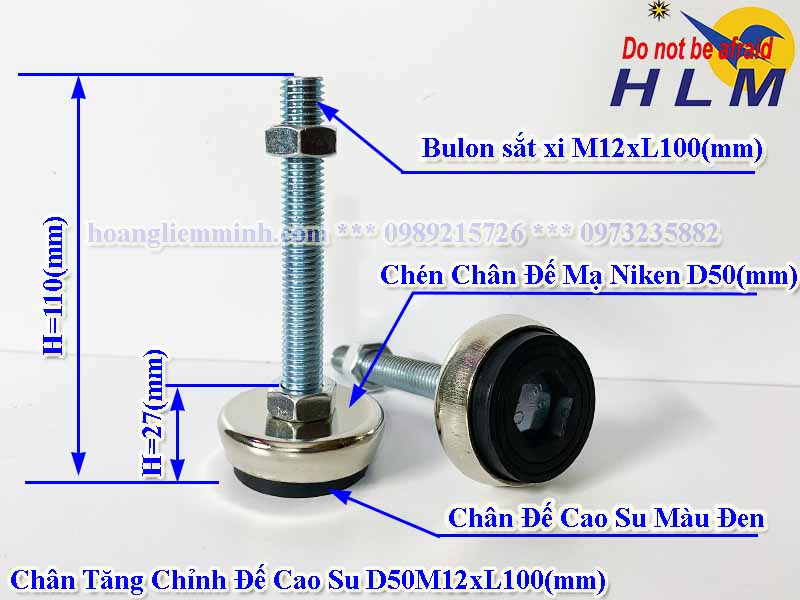 Chân Tăng Chỉnh Mạ Đế Cao Su D50M12xL100(mm)