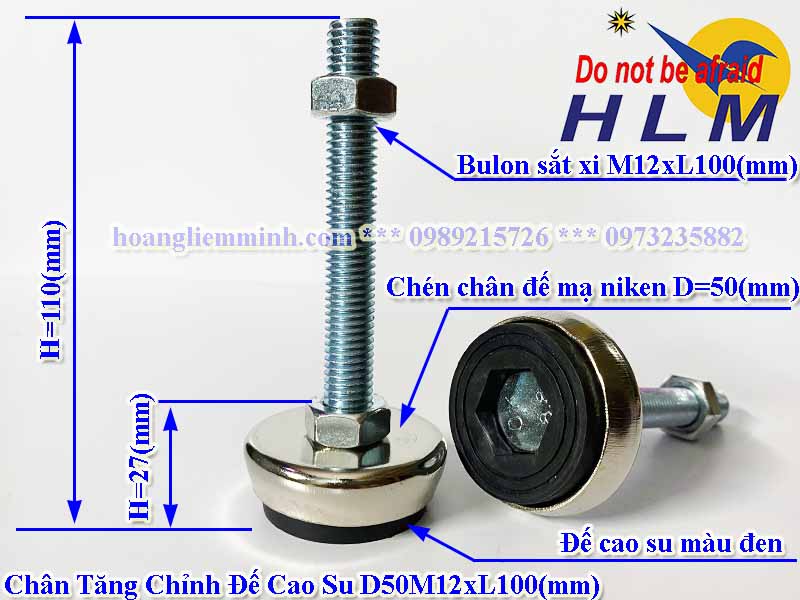 Chân Tăng Chỉnh Mạ Đế Cao Su D50M12xL100(mm)